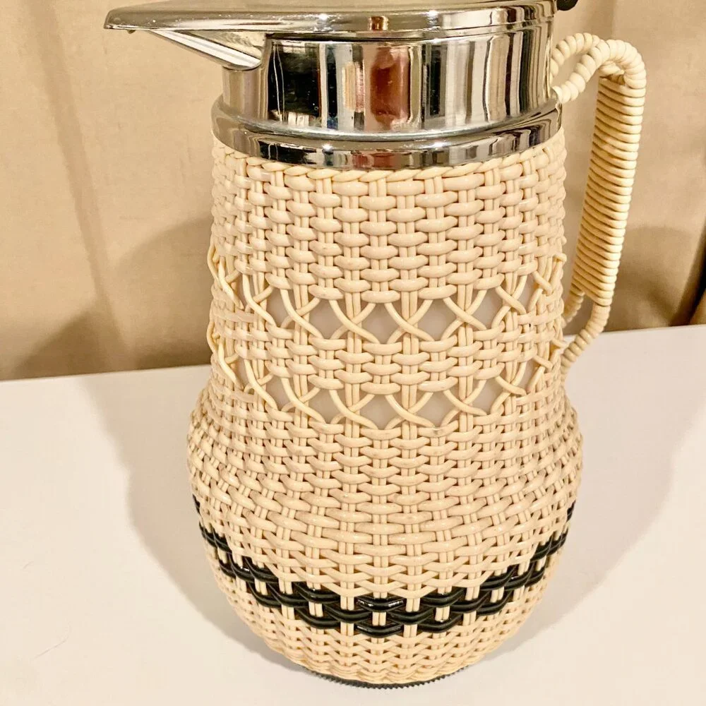 Vintage AB Termoverken Rattan Thermos Pitcher Sweden Cream & Black‎ MCM